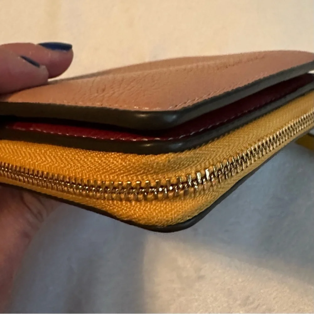 Tory Burch Perry Color Block Bifold Pebbled Leather Wallet pink yellow brown red